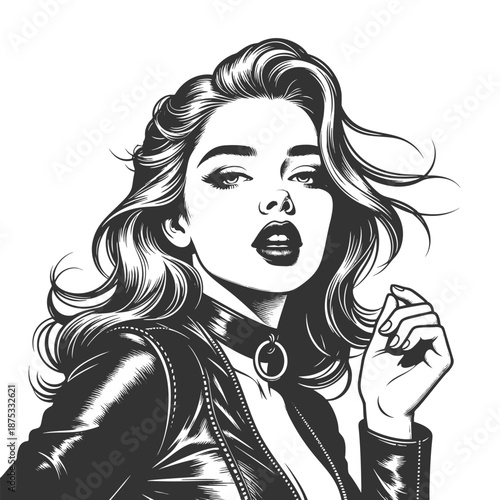 confident woman in a leather jacket and choker, exuding bold attitude and modern edge sketch engraving generative ai fictional character vector illustration. Scratch board imitation. Black and white.