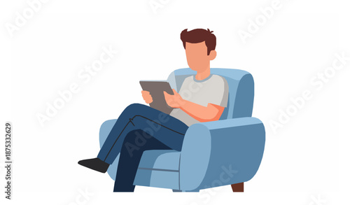 Relaxed man shopping online on tablet seated in armchair flat vector illustration