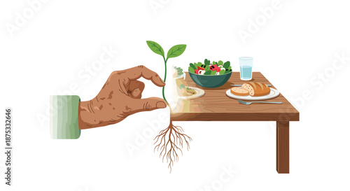 Hand holding a small plant with roots next to a dining table with food, Generative AI.