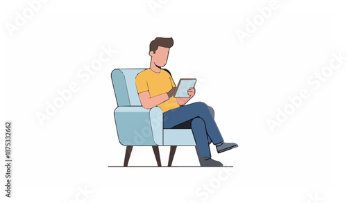 Minimal man browsing tablet while sitting in armchair flat vector illustration