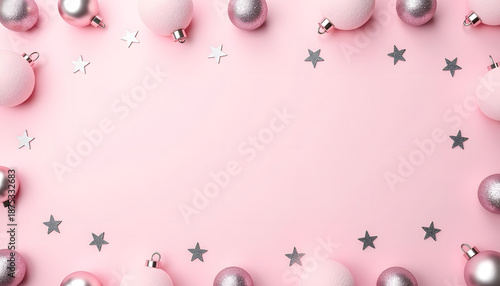 Pink glossy Christmas baubles with silver star confetti framing blank space on light pink background
