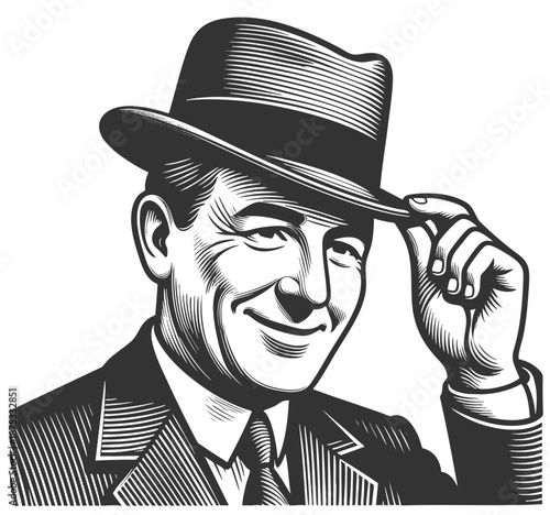 man tipping his fedora, evoking classic charm and vintage gentleman appeal sketch engraving generative ai fictional character vector illustration. Scratch board imitation. Black and white image.