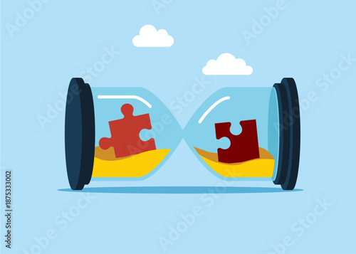 Two jigsaw puzzle in sandglass. Stopping time. Crisis. Large error. Conflict and argument, difference opinion, disagree, confrontation. Fight back win over difficulty. Flat vector illustration