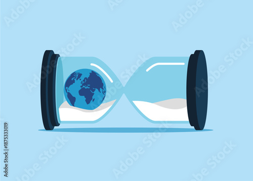 Planet earth in sandglass. Stopping time. Crisis. Large error.  Concept of time and planet earth. Flat vector illustration