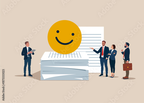 Happy smiley face celebrating on a lot of documents after signing business agreement document. Business deal, agreement, contract. Flat vector illustration