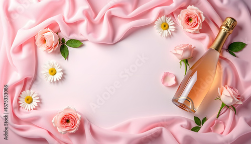 Pink roses daisy petals and rose champagne bottle framing blank space on pink silk fabric