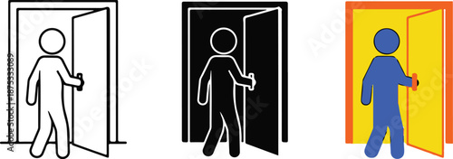 Stick figures stepping through open doors in three colors