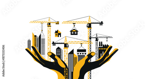 Hands holding a cityscape with buildings and construction cranes, Generative AI.