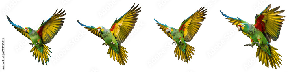Obraz premium Four colorful parrots in flight isolated on transparent background