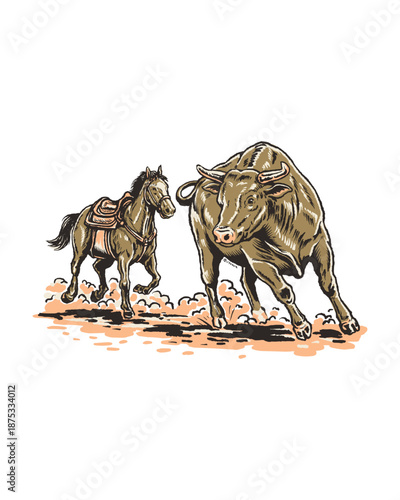 Vintage western bull and horse retro color illustration