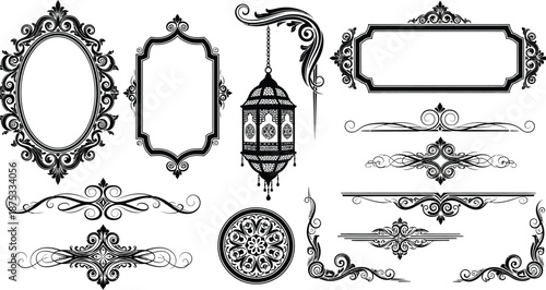 Collection of intricate black and white baroque vintage ornamental design elements and decorative framing elements