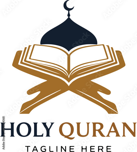 Simple graphic illustration representing the holy Quran resting open on a traditional Rehal stand beneath a mosque dome