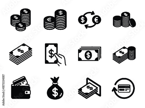 Money and currency icon set vector. Forex banner web icon vector illustration concept with icon of currency, economy, trade, investor, growth, analysis