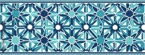Intricate repeating geometric tile border design featuring complex star patterns in varying shades of blue.