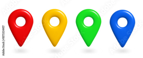 3D map pin location marker in red, blue and green, yellow plastic pins for travel, GPS navigation, direction and route concept. Realistic vector set for globe or city map, address and destination