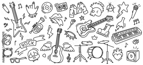 Rock music doodle. Guitar, skull and crown for punk art, grunge texture, and vintage tattoo, sticker. Vector set of fun fire, heart and microphone for cool background, jacket graphic or graffiti