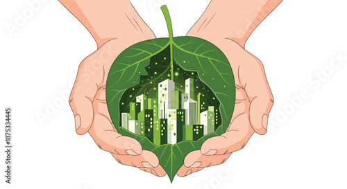 Hands holding a green leaf with a city skyline inside symbolizing sustainable urban development and environmental protection, Generative AI.