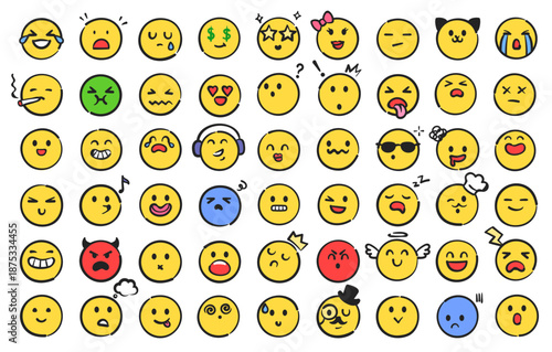 Emoji doodle. Cute faces and expressions for chat reaction, social media stickers and fun kids. Colorful vector set of cartoon emotions in yellow circle for mobile app, messenger and website icons
