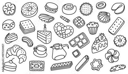 Dessert doodle sketch. Donut, croissant and macaron, cracker and biscuit, cake for bakery or cafe menu, cute packaging and confectionery branding. Hand drawn vector set, black outline for sweet food