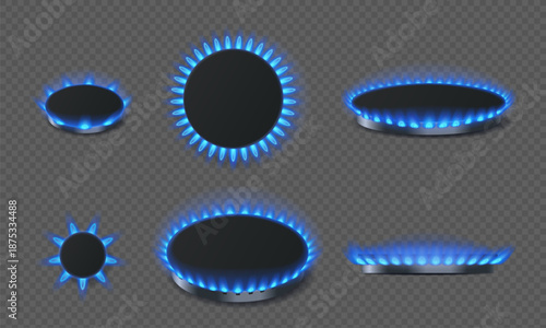 Gas burner set with blue flames, realistic fire rings for kitchen stove. Front and top view glowing natural gas burner ring, propane butane oven, hob cooker element. Vector isolated set
