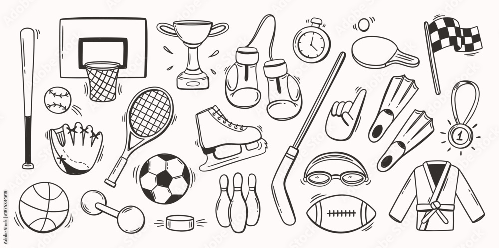 Fototapeta premium Sports equipment doodle. Line balls and baseball, soccer and basketball, tennis and boxing gear for competition, fitness and winner, team sticker. Vector symbols for game, workout logo, athletic art