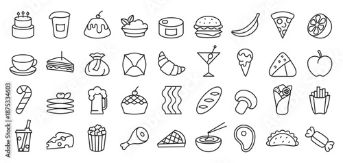 Food and drink line icons. Fast food and beverage, outline meals and and bakery symbols for restaurant menu, cafe app design or bar sticker. Simple vector cuisine isolated set