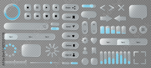 Glassmorphism UI set. Transparent glass search bar and frosted buttons for app dashboard template, realistic glossy wireframe and glass interface. Vector isolated 3D set