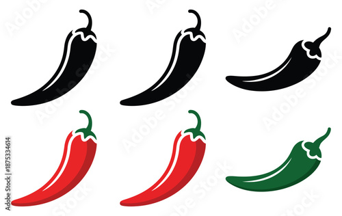 Set of Hot Chili Vector Icon Illustrations Featuring Spicy Red Peppers, Culinary Ingredients, Food Symbols, Cooking Elements, Mexican Cuisine, Restaurant Design