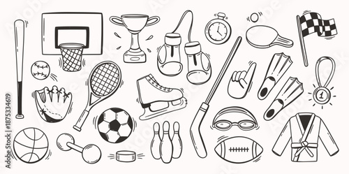 Sports equipment doodle. Line balls and baseball, soccer and basketball, tennis and boxing gear for competition, fitness and winner, team sticker. Vector symbols for game, workout logo, athletic art