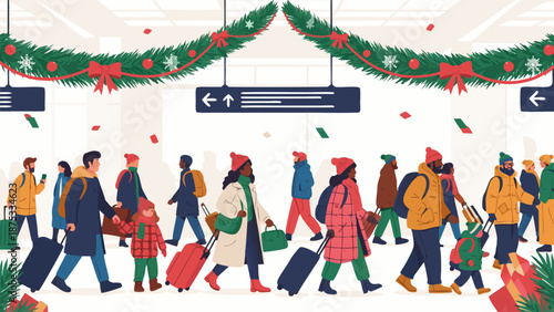 Festive holiday travel vector illustration of people with luggage at an airport or train station