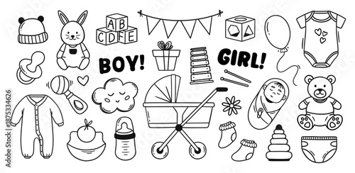 Baby accessories doodle with hand drawn stroller and pacifier for newborn, baby shower invitation and nursery or gender reveal design. Vector set of infant symbols for gift, kids clipart isolated set