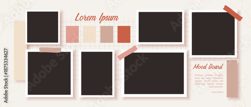 Scrapbook mood board with photo frame collage and sticky tape for aesthetic branding presentation, social media banner, portfolio or marketing template. Vector cute creative mockup
