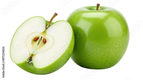 Fresh green Granny Smith apples, one cut in half isolated PNG, healthy fruit for cooking and eating on transparent background