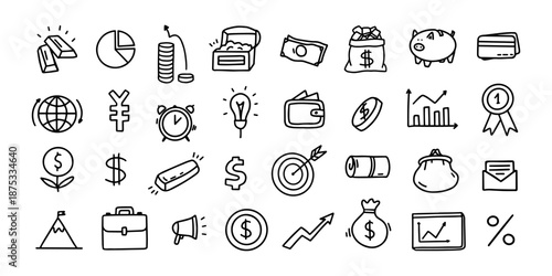 Finance and banking doodle, hand drawn piggy banks and currency for fintech app, budget infographic and economy or investment. Savings symbols, business profit chart. Outline vector icon set