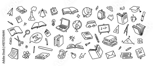 Education doodle icons. Hand drawn school textbooks and laptops, globe and bus, book and scissors, ball and bell for study kids sticker, classroom graphics, science formulas isolated vector set