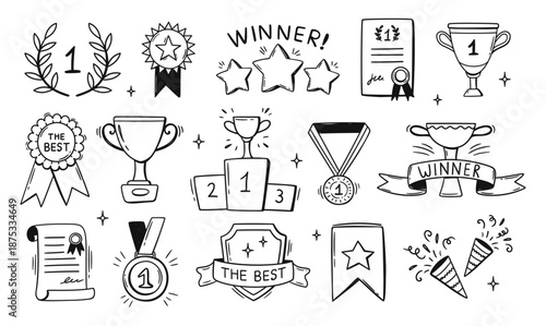 Award and winner doodle, hand drawn trophy and laurel wreath for champion banner, esports design and victory ceremony or school achievement. Vector isolated set of competition graphics, prize emblem