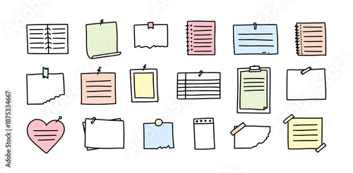 Sticky notes doodle. Hand drawn paper scraps and push pins for office reminder, school planner stickers and cute stationery for scrapbook. Torn memo label mockups, notebook papers isolated vector set