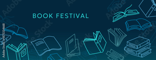 Book festival background with stacked library books for literature event banner, bookstore website header and publishing promotion or social media templates. Modern vector layout