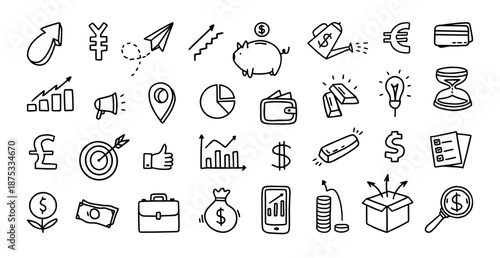 Finance and banking doodle vector icons. Hand drawn piggy bank and credit card, business chart and wallet, golden bar and coins, dollar and euro sign for fintech, budget infographic and marketing