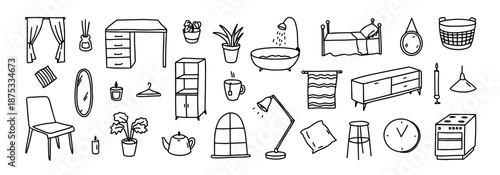 Home furniture doodles. Hand drawn lamps and chairs, desk and bed, houseplant and window for living room or kitchen interior decor. Bedroom, bathroom isolated cozy Scandinavian household vector set