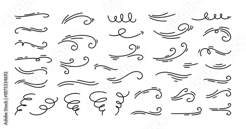 Wind swirl doodle. Hand drawn curly swooshes and airflow motion lines, air dynamic movement. Vintage tattoo flourishes, retro invitation decor and calligraphy highlight design. Vector isolated set