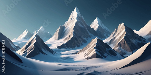 Snow covered alpine peaks at sunset create a majestic winter landscape view of high mountains in the Swiss Alps with a cold glacier summit under a glowing sky