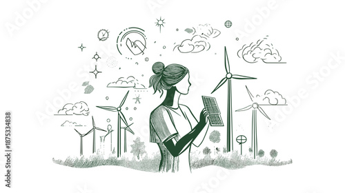 Woman holding tablet surrounded by wind turbines.