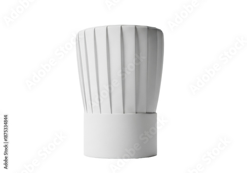 Pristine, tall white chef's hat (toque blanche) with elegant pleats and soft folds, against a seamless transparent isolated background with ample copy space, professional high-key studio lighting.