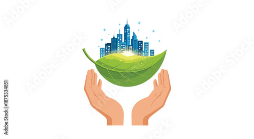 Hands holding a green leaf with a city skyline, Generative AI.