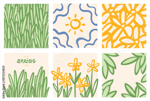 Spring nature hand brush drawn square templates. Flowers foliage grass borders frames. Floral background, sun shape. Bold artistic lines, linear doodle drawings. Hello spring time handlettering.