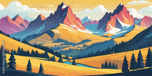 Winter mountain sunset landscape with snowy peaks, alpine forest, clouds, and a panoramic valley view in the European Alps