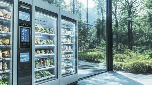 Modern vending machines offer fresh food and drinks. They stand against a stunning backdrop of a green forest.