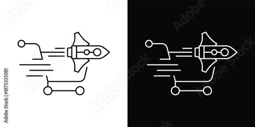 This silhouette icon illustrates a shopping cart combined with a horizontally positioned rocket, emphasizing extreme speed, instant movement, and efficiency in the shopping or checkout process