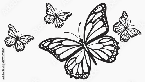 Butterflies flying in formation on white background